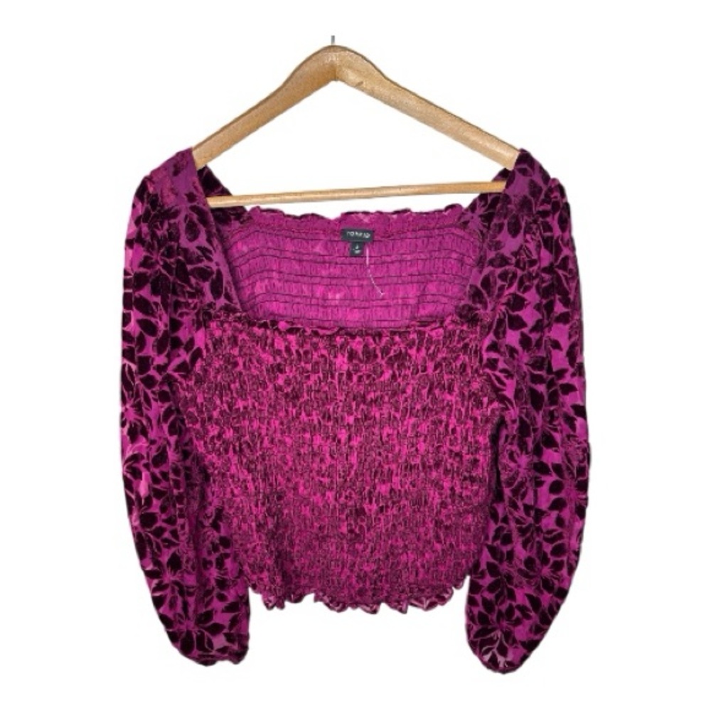 Torrid Size 3 Velvet Burnout Blouson Sleeve Smocked Crop Top Magenta Floral